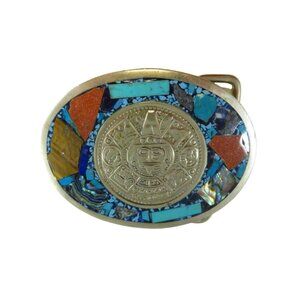 Vintage Aztec Calendar Belt Buckle, Mixed Stones - 1 3/4" Belt